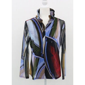 FREDERIQUE Ruffle Collar Abstract Art to Wear Sheer Layering Top Size Medium